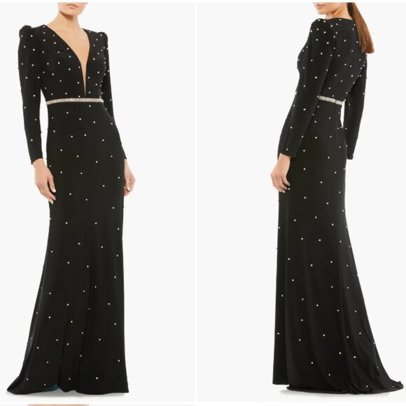 MAC DUGGAL 67874 BELTED JEWEL ENCRUSTED PLUNG NECK LONG SLEEVE  BLACK GOWN 10 - Picture 1 of 3